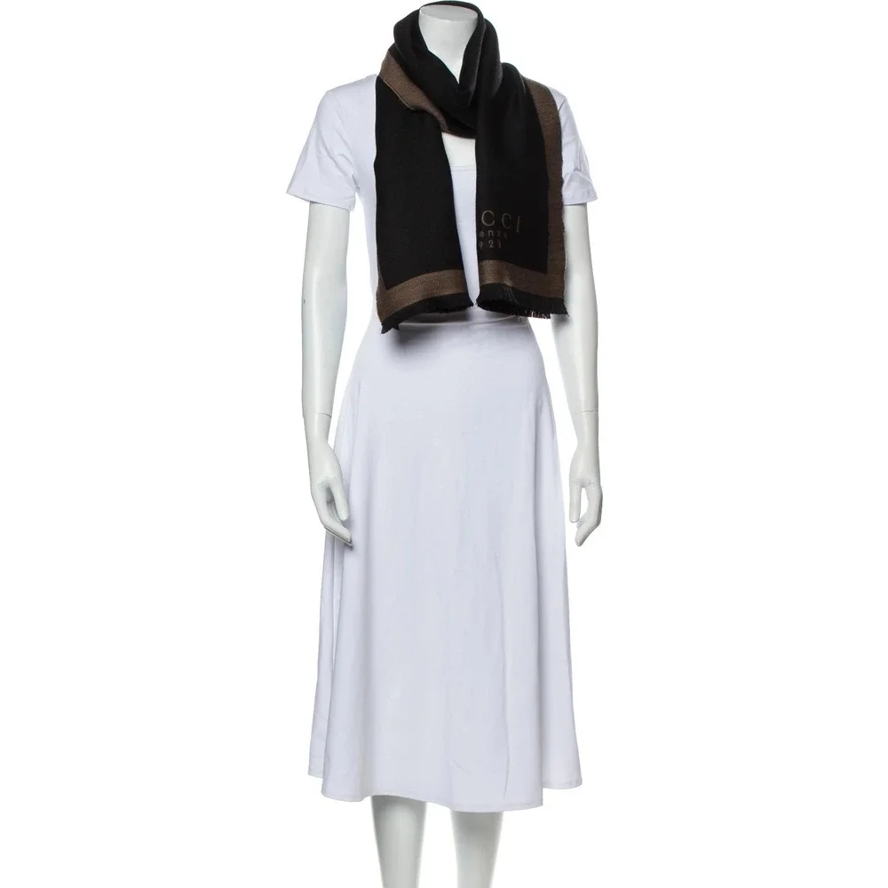 Gucci Firenze 1921 Wool Scarf Black Brown‎ Logo Fringe 172x36cm